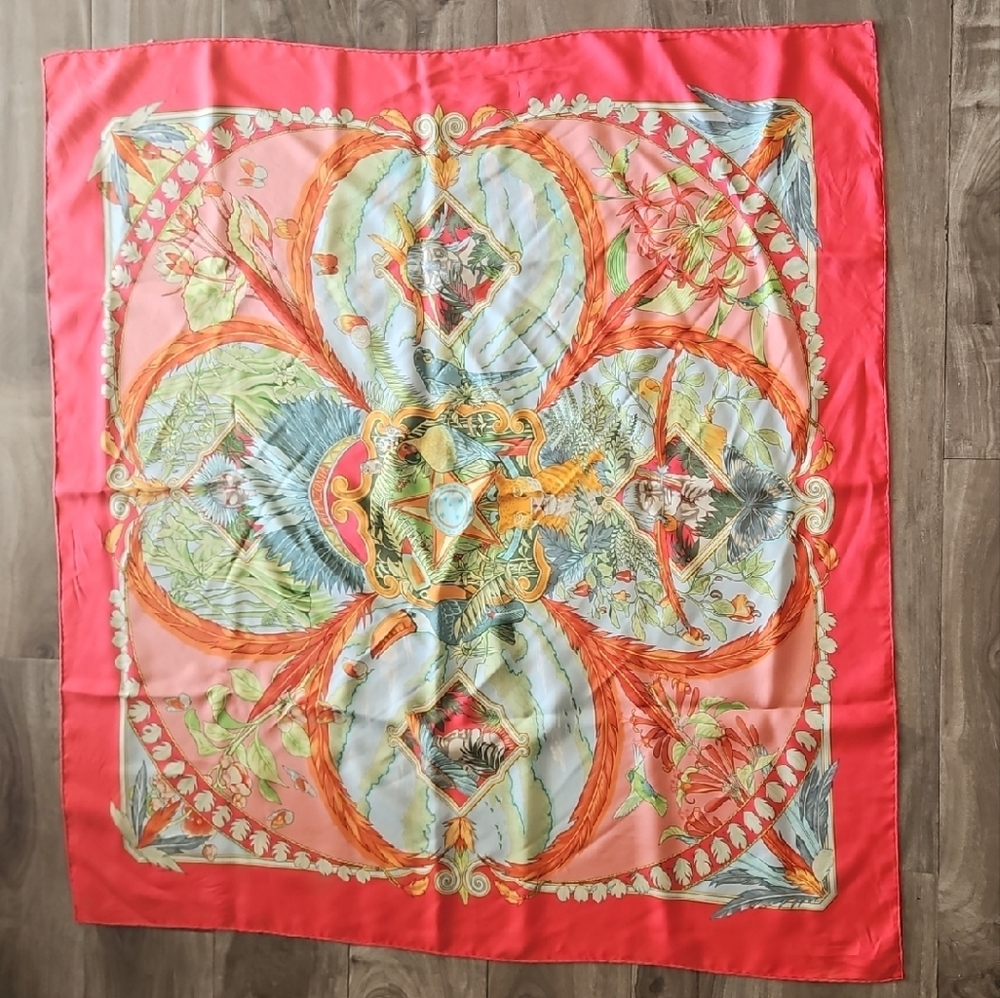 Hermes Amazonia Red and Green Silk Scarf